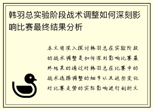 韩羽总实验阶段战术调整如何深刻影响比赛最终结果分析