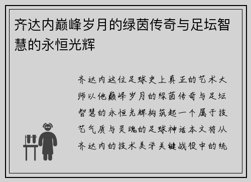 齐达内巅峰岁月的绿茵传奇与足坛智慧的永恒光辉