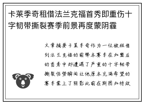 卡莱季奇租借法兰克福首秀即重伤十字韧带撕裂赛季前景再度蒙阴霾