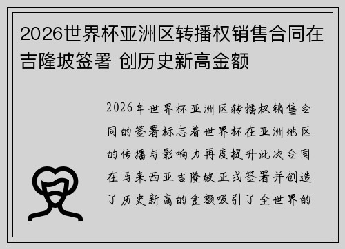2026世界杯亚洲区转播权销售合同在吉隆坡签署 创历史新高金额